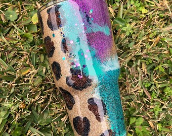 Custom Hand Painted Glitter Cheetah Stainless Tumbler Epoxy Resin