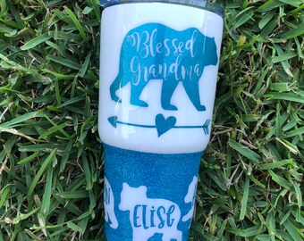 Personalized Blessed Grandma Mama Bear Glitter Epoxy Resin 30oz. Tumbler