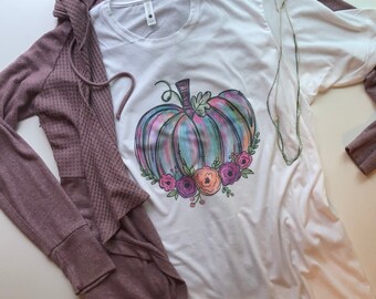 Handmade Floral Fall Watercolor Pumpkin Sublimation Tshirt Tee