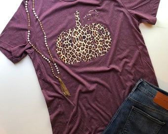 Handmade Cheetah Pumpkin Fall Bella Canvas Graphic Tee Tshirt