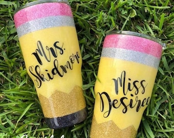 Personalized Glitter Epoxy Pencil Tumbler Stainless 30oz 20oz Teacher Gift Cup
