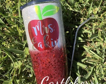 Personalized Glitter Epoxy Teacher Apple Stainless Tumbler Custom