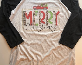 Merry Christmas Cheetah Sublimation Raglan Baseball Tee