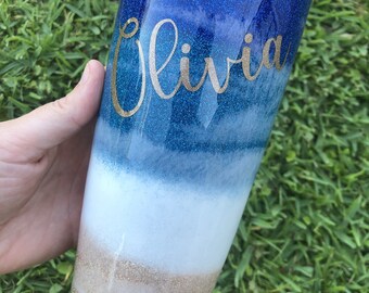 Personalized Glitter Beach Epoxy Resin Stainless Tumbler Handmade