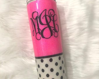 Neon Pink Polka Dot Personalized Monogrammed Glitter Epoxy Resin Tumbler