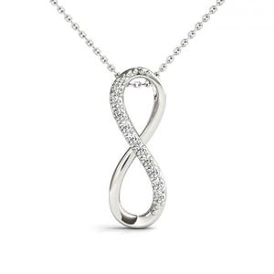 May include: A silver-toned infinity pendant necklace. The pendant is shaped like the infinity symbol, with a row of small, clear gemstones set along the curves. The necklace chain is delicate and also silver-toned.