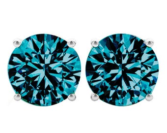 14K Gold Round Blue Diamond Stud Earrings (0.50–3.00 CTW, Screwback or Pushback Options)