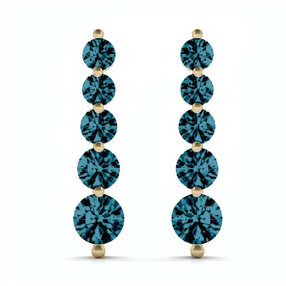 5 Stone Graduating Lab Grown Blue Diamond Dangle Earrings in 14k Gold