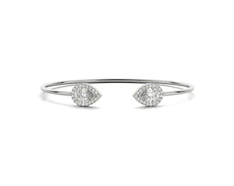 14K Gold Open Diamond Bangle – Pear-Shaped Halo Ends with Lab-Grown Diamonds (1.75 CTW)
