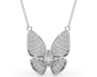 Gold Butterfly Diamond Pendant Necklace – 0.25 CTW Lab-Grown Diamonds (F/VS), Marquise Center, 16" Gold Chain