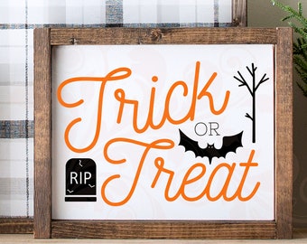 Trick or Treat SVG, gesneden bestand, Halloween pompoen stencil DXF, herfst krans teken PNG, spooky vleermuizen vector clipart, oktober digitale download