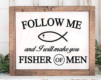 Fisher of men Bijbelvers SVG gesneden bestanden voor tekenen Gildan shirt & koffiemokken, gelaagde lade teken digitale downloads, boerderij DXF schrift
