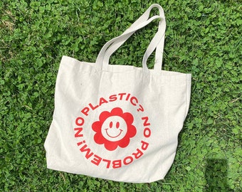 No Plastic? No Problem! 100% Cotton Reusable Tote Bag | Smiley Face | Retro Aesthetic | Flower | Grocery Bags | School Bag | Work Bag