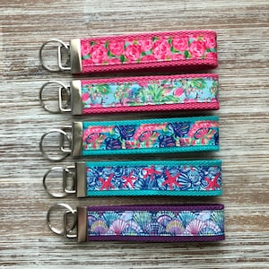 Beach Key Fob Wristlet keychain, roses, flamingo, palm leaves, starfish, seashells, coastal, key chain, dog poop bag holder, dog lover gift