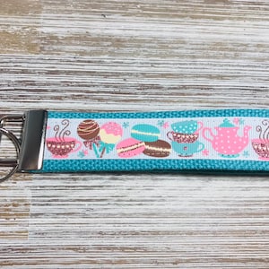 Key Fob Wristlet keychain, Macaroons, Tea and cake pops, pink glitter, teal, gift for baker, wristlet, keychain,