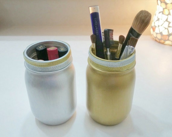 Silver Gold Mason Jars Makeup Brush Organizer Wedding Decor Etsy