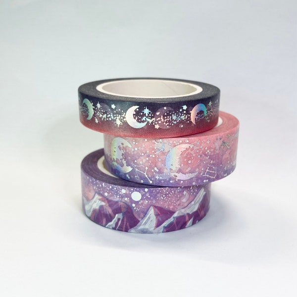 Purple Pink Night Sky Holographic Celestial Moon Mountain Washi Tape Rolls