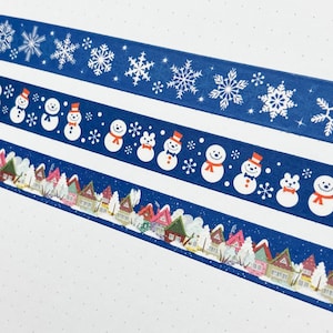 24” (3) SAMPLE SIZE Set BLUE Christmas Holiday Snowflake Village Snowman Washi Tape