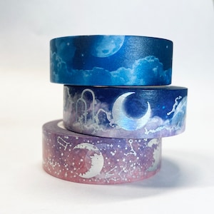 3 Roll Set Holographic Silver Foil Blue Whale Moon Night Starry Sky Clouds Celestial Washi Tape