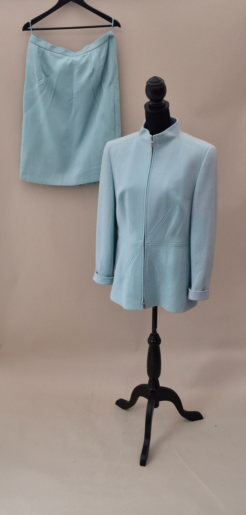 Est UK size 1416 1980s Pale blue Louis Feraud skirt and long Jacket