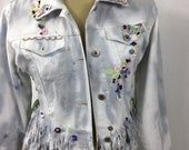 Refashioned denim jacket, denim jacket, hippy , festival jacket, fringed jacket, embroidered lace trim corset laced beaded dyed jacket