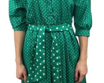Dress, emerald green polka dot dress, easy care fabric,Petites by Willi, made in USA, contrasting polka dot fabric,dress, small medium size