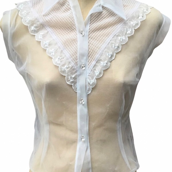 1950s blouse, sheer blouse, crop top, pale blue top, festival top, wedding, small size top, sheer button up blouse