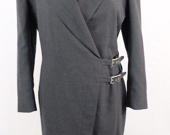 1990s Union Made Wool Wrap Dress, Belted Buckle Fastening, Gray Midi
