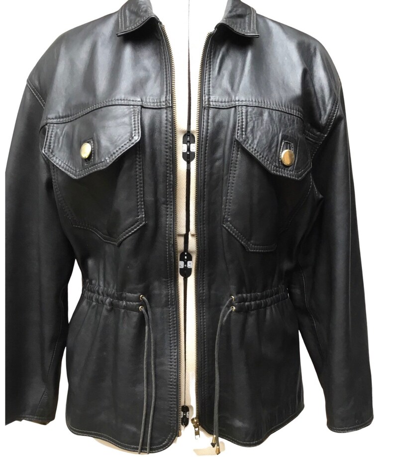 Leather jacket, black leather jacket, tie waist jacket, large size jacket, 1990s jacket, lined leather jacket, Vera Pelle label image 2