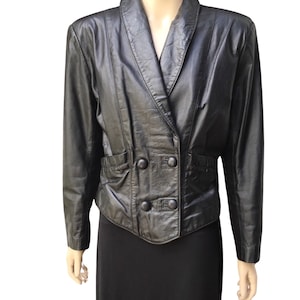 Black leather jacket, double breasted jacket, lined leather jacket, size 10 to 12 black leather jacket, 1980s leather jacket,