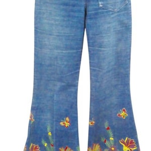 Denim jeans, RARE, OOAK,Hippy, bell bottoms , 1960s, XSSW, embroidery,small sizegenuine, boho, festival , flower power,vintage, trousers,