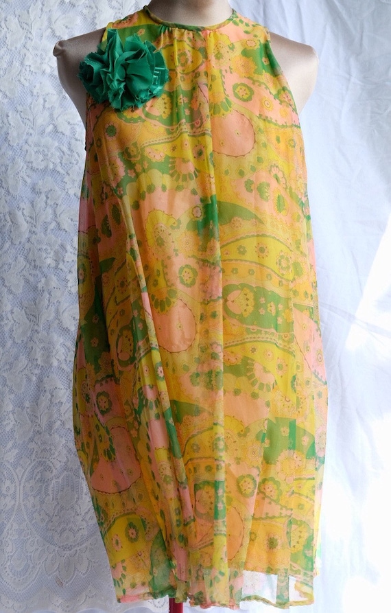 1960s Vintage nylon chiffon, yellow, mini, dress,