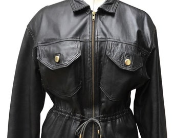 Lederjacke, schwarze Lederjacke, Taillenjacke, große Jacke, 1990er Jahre Jacke, gefütterte Lederjacke, Vera Pelle Label