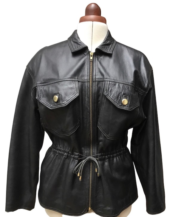 Leather jacket, black leather jacket, tie waist jacket, large size jacket, 1990s jacket, lined leather jacket, Vera Pelle label