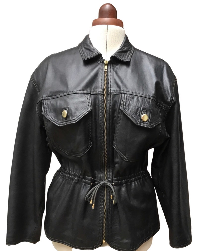 Leather jacket, black leather jacket, tie waist jacket, large size jacket, 1990s jacket, lined leather jacket, Vera Pelle label image 1