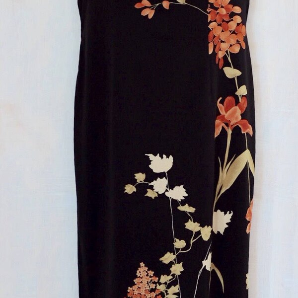 1970s,70s,cheong sam style, maxi,dress,long dress,black,floral,lined,high collar,jersey knit,evening,cocktail,black tie, wedding