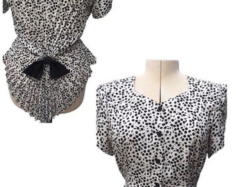 Peplum top, pleated peplum top, blouse, button up shirt, 1980s top, flattering fit top, polka dot fabric, evening, occasion, office