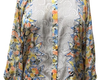 Diane Freis shirt, Diane Freis blouse, Diane Freis top, floral appliqued shirt, contrasting appliqued blouse, feminine shirt, modest blouse
