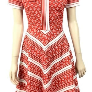 Dress, Tailored, knit, skater style dress, red and white, anchor print, 1960s, 1970s, size 6-8 Australian, small size, flared skirt dress.