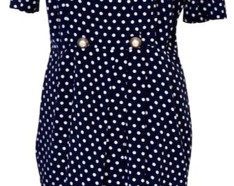 Blå och vit prickig klänning från 1980- och 1990-talet, lätt omlottklänning i polyester, dubbelknäppt, klänning