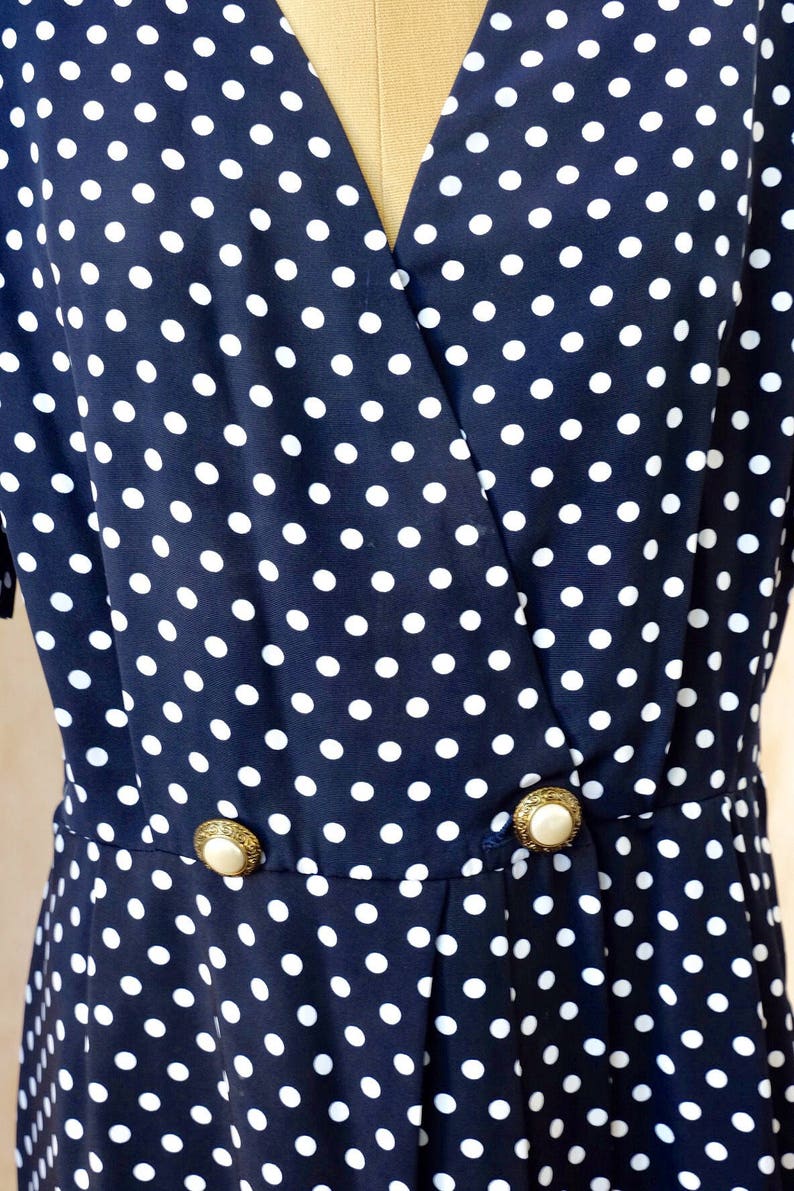 1980s-1990s blue and white polka dot dress,lightweight polyester wrap dress,double breasted,dress