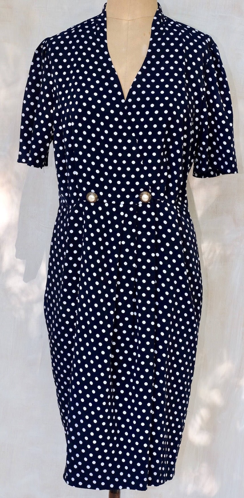 1980s-1990s blue and white polka dot dress,lightweight polyester wrap dress,double breasted,dress