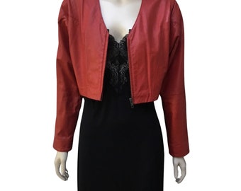 Cropped jacket,  Cropped red leather jacket, 80s cropped leather jacket, zip up red leather jacket, lined red leather jacket, small size