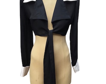 Black cropped tie front top, size 8 Australian top, Tuxedo top, evening top, black and white top, Small tie front crop top