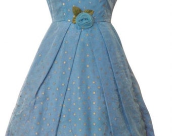 Dress, Rare vintage 50's party dress for wedding/prom, pale blue, hooped, tailor made, made in N.Z. gold polka dots,