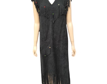 1970s dress, festival dress, fringed dress, boho dress, black dress, small size dress, hippy dress, original dress, rare find