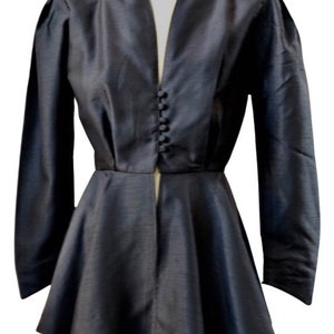 REDUCED 65.00 to 50.00 Hand made,raw silk look fabric ,peplum,black,top,blouse,evening,wedding,jacket,button up,long sleeves,1980s,1990s.