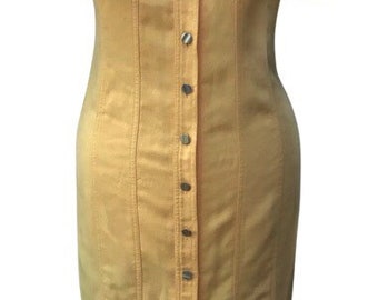 Tailored dress, day dress, panelled dress, yellow dress, button up dress, small medium size dress, flattering fit dress