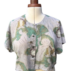 Crop Top, Bluse, Top, lockere Passform, Vintage Kartendruck, hergestellt in Japan, Merange Onward Label, leichter Chiffonstoff, Strandkleidung, Sommer
