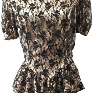 Top,Handmade, dusty pink, black lace, top blouse , evening, peplum,  1980s.